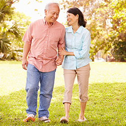 elderly couple walking on the grass